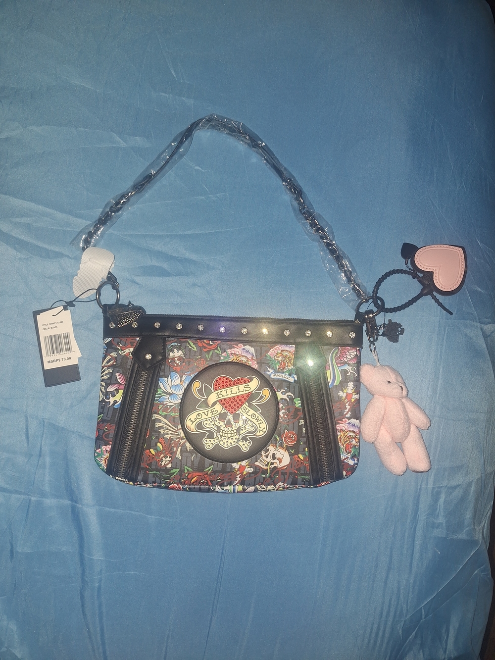 Ed Hardy Floral Skull Heart Shoulder Bag with Pink Teddy Charm